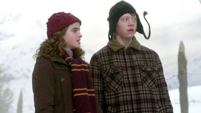 Ron and Hermione in snow wearing hats