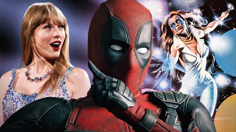 Taylor Swift gasping Deadpool pointing Dazzler flying