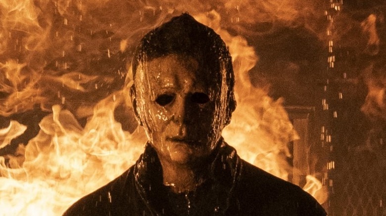 Michael Myers standing in the flames 