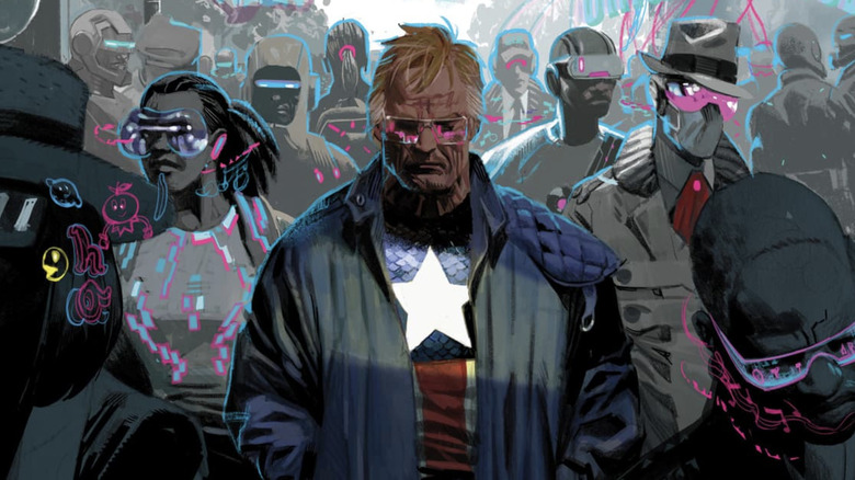 Steve Rogers surrounded by futuristic people
