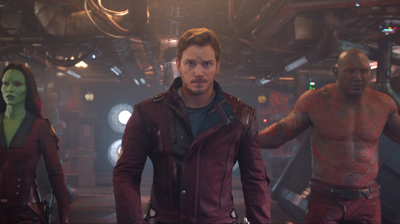 Gamora, Peter Quill, and Drax walking